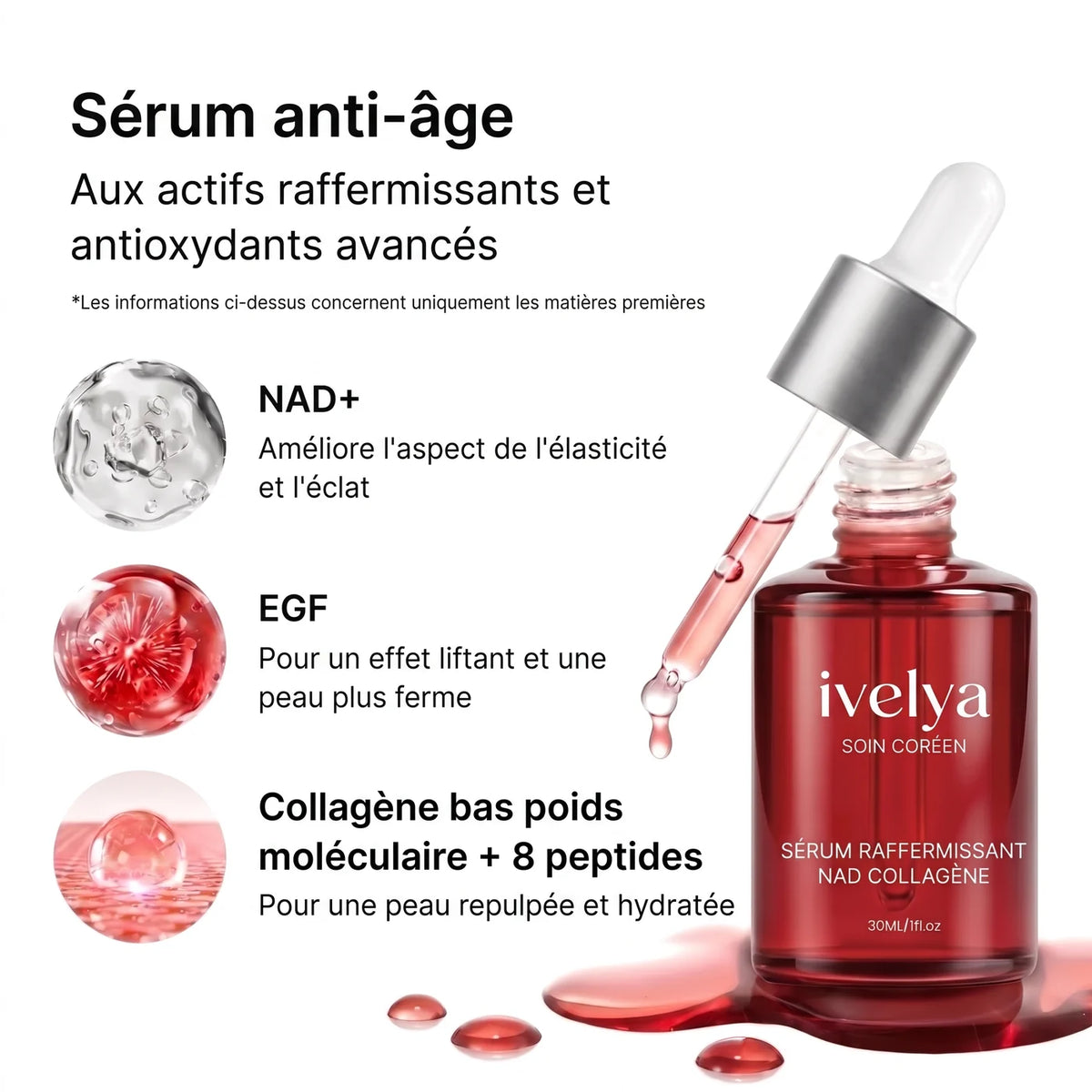 Sérum anti-âge : NAD+, EGF, collagène et 8 peptides